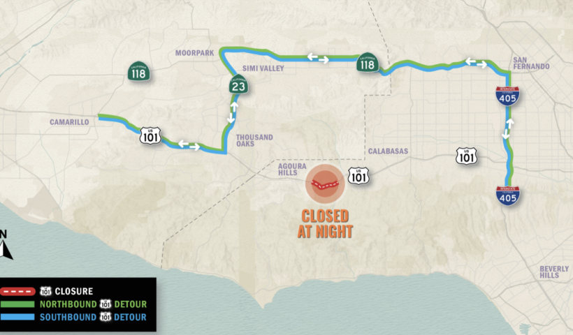 本日夜より101フリーウェイの通行止めが開始　アゴーラ・ヒルズ付近（4/15）