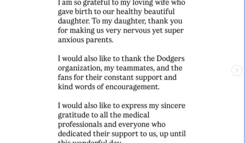 ドジャース大谷選手に女の子誕生　インスタで報告（4/19）