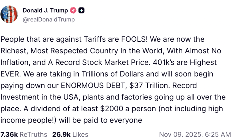 「全ての国民に１人当たり２０００ドル配布」　トランプ大統領がSNS投稿（11/10）